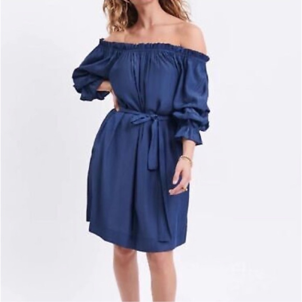 NWT Mer Sea Tulum deep blue viscose poly gathered neckline ruffle sleeve S dress